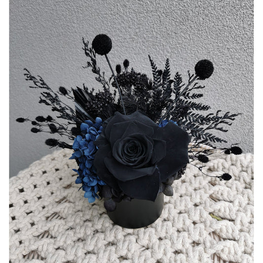 Black & Navy Blue dried flower arrangement in black round pot. Picture shows arrangement held up against a blank wall 