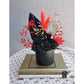 Red, black & gold dried & preserved flowers in black vase. Photo shows flowers sitting on top of books against a blank wall