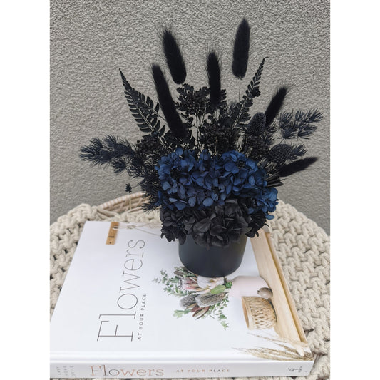 Navy Blue & Black Dried & Preserve Flowers in black vase. Photo shows flowers sitting on a book against a blank wall