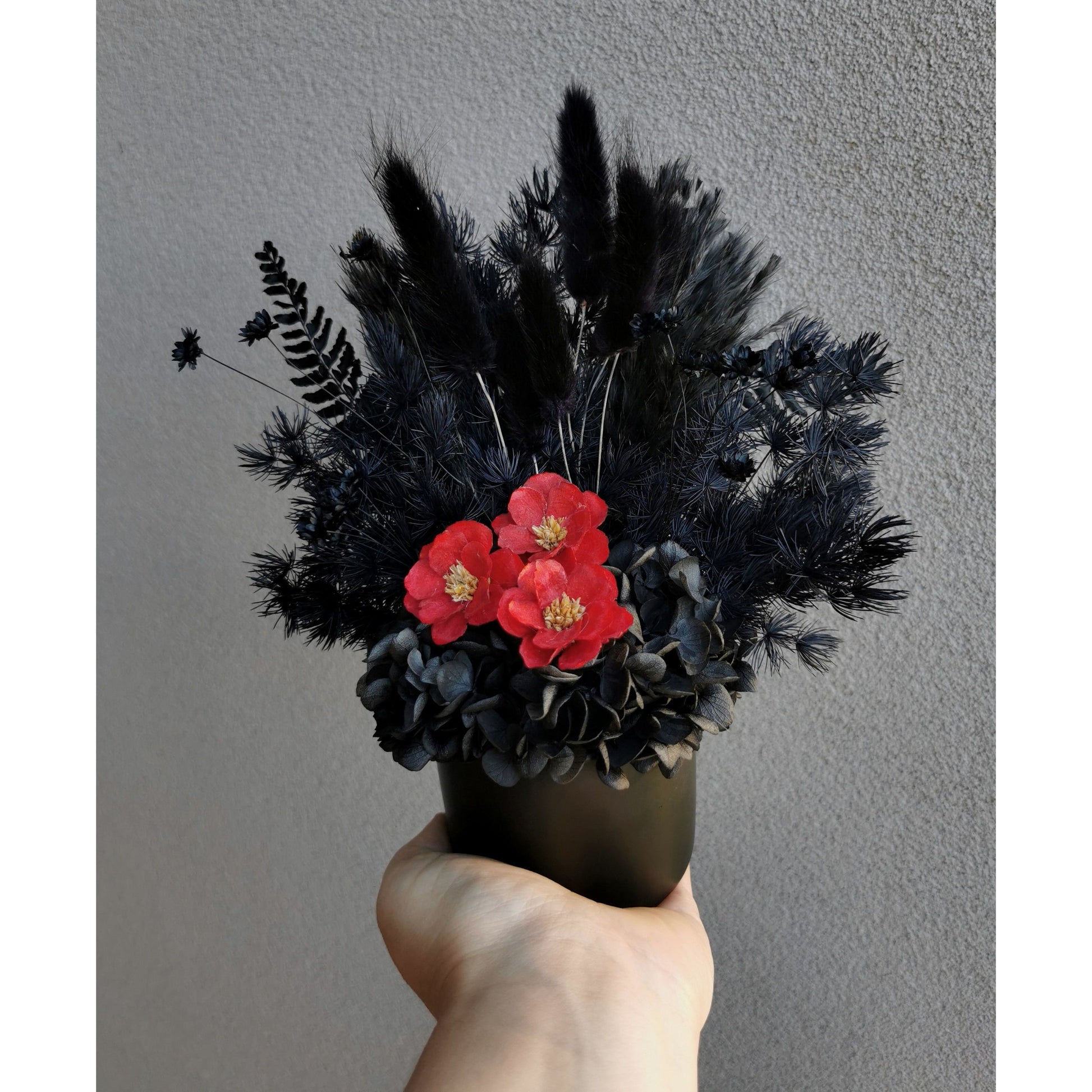 All blacked dried & preserved flowers set in to a mini black pot & featuring 3 mini red flowers in the centre. Photo shows flower arrangement being held by hand against a blank wall