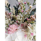 Mini Dried & Preserved flower arrangement with green, pink & white flowers in a mini geisha bone China Japan vase with handle. Photo shows arrangement zoomed in on the flowers