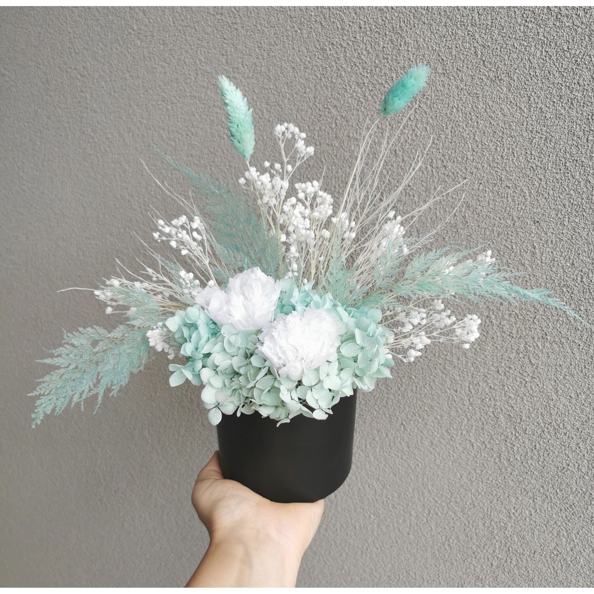 Dried & Preserved flower arrangement in Tiffany Blue & White colours and set in to a black pot. Photo shows arrangement being held by hand against a blank wall