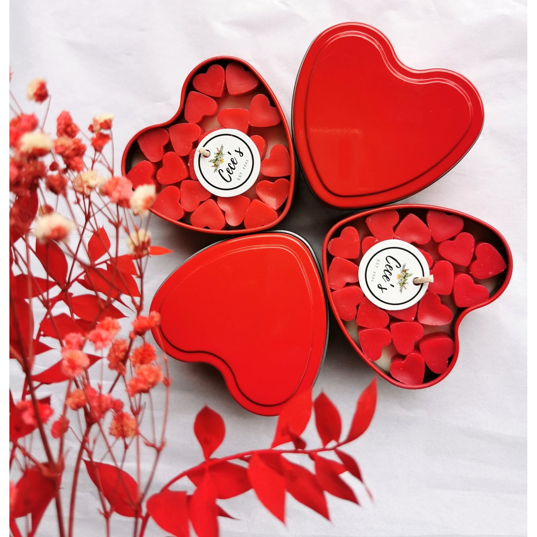 Red love heart tin with heart shaped candle and mini red heart melts