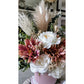 Premium artificial flowers inc dahlias and roses and eucalyptus plus dried real pampas grass in pink ribbed pot